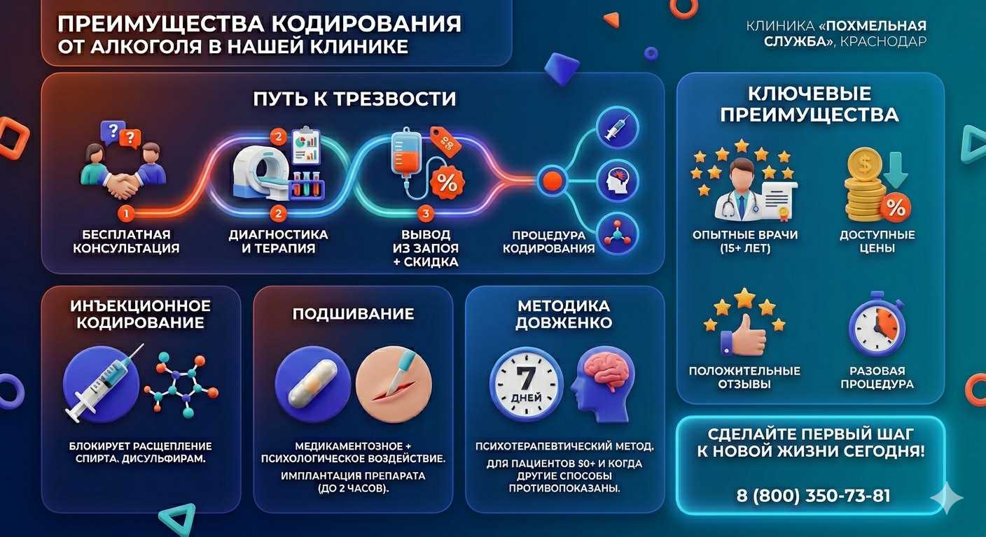 Инфографика о методах кодирования от алкоголя в Зеленокумске: инъекции, подшивание, метод Довженко. Преимущества клиники и этапы лечения.
